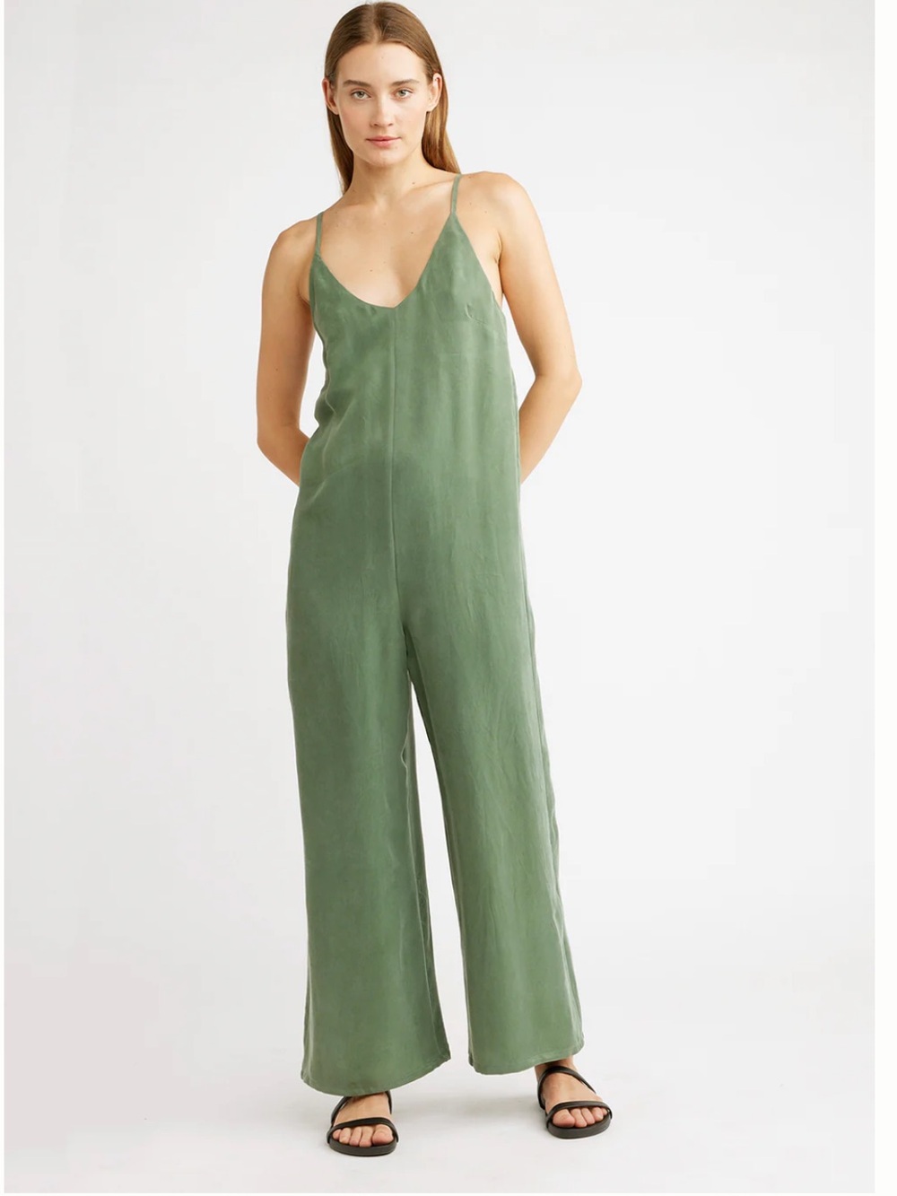 Self Contrast X Anthro Clover Cupro Scoopneck Jumpsuit in Olive Size M NEW $135